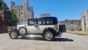 Wedding Buick on Rochester Castle grounds