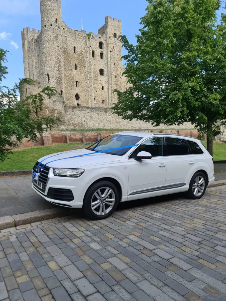 Audi Q7 S Line White Wedding Car in front on Rochester Castle Tower