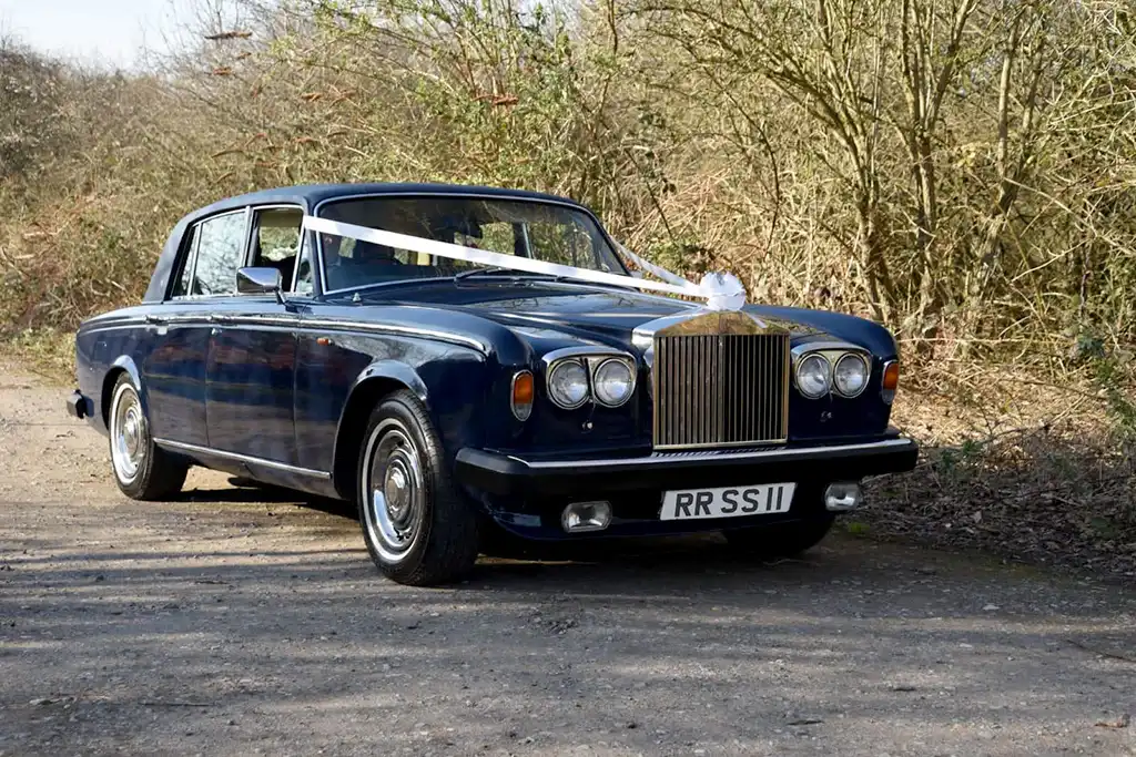 Rolls Royce Silver Shadow 2 Blue wedding Car with white ribbon